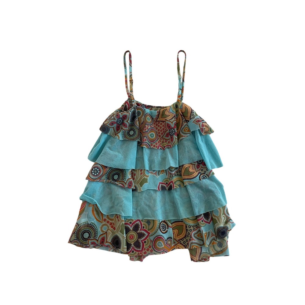 Y2K Boho Tiered Mesh Camisole Top Paisley Floral Turquoise Size M Daisy & Clover